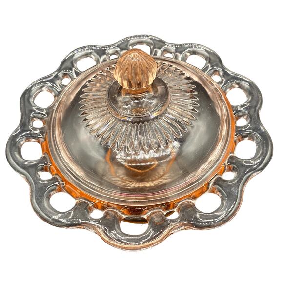 Vtg OLD COLONY Depression Glass Lace edge open lace pink footed bowl with lid - Picture 2 of 4